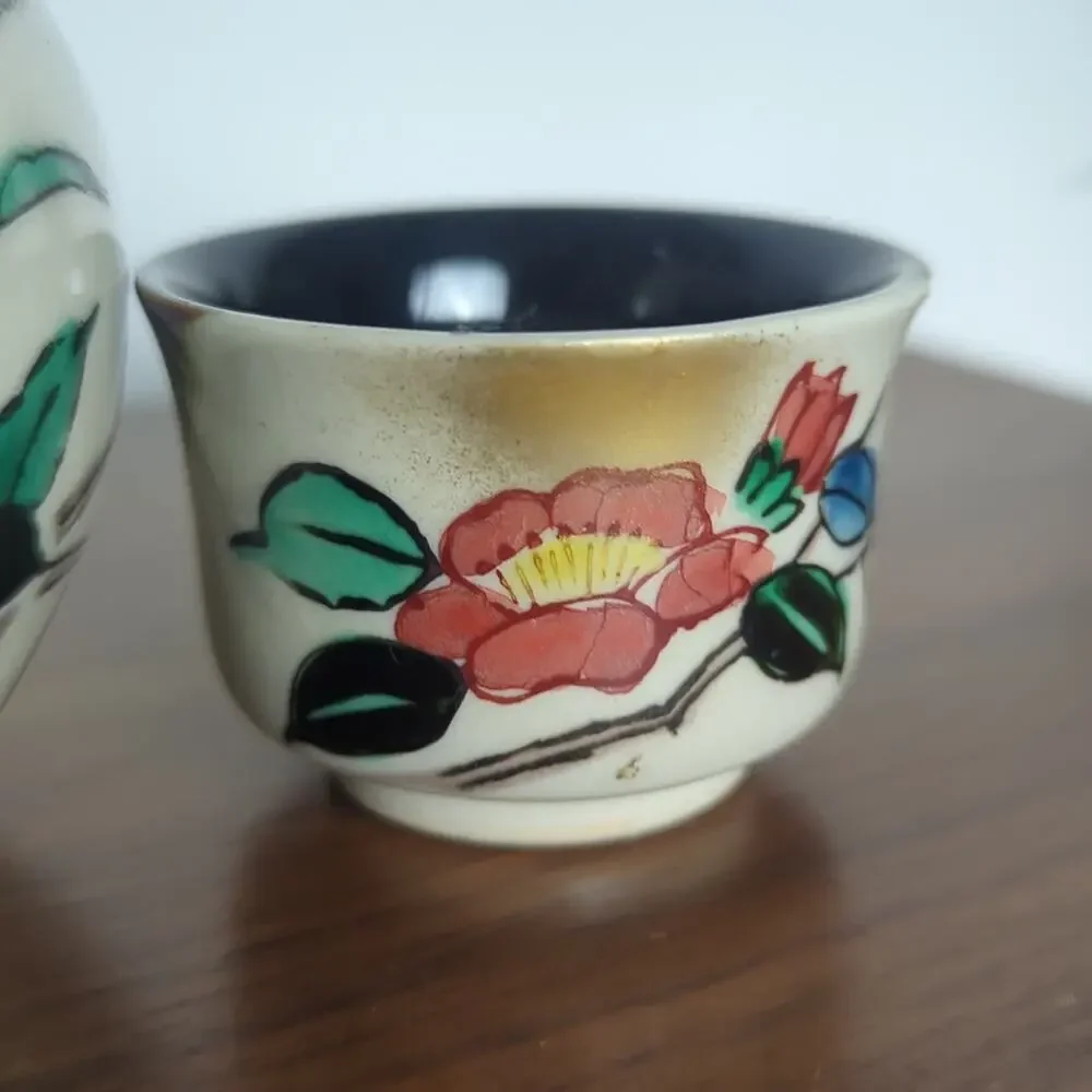 Vintage Japanese Sake Set | Hand Painted Tokkuri Bottle + 2 Ochoko Cups